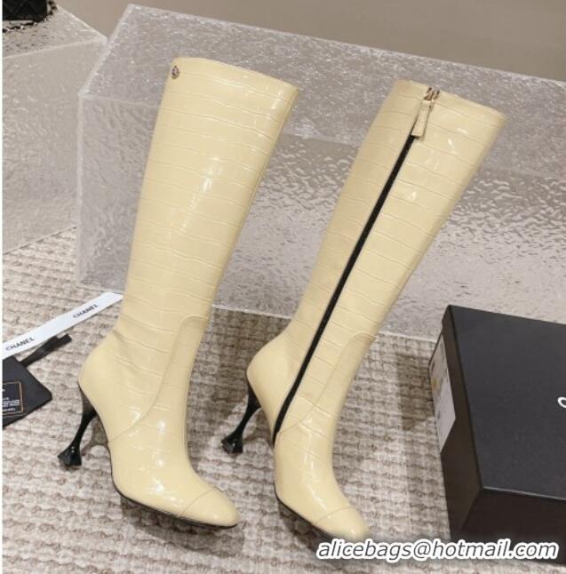 Best Price Chanel Heel High Boots 9cm in Crocodile Embossed Leather Light Yellow 925028