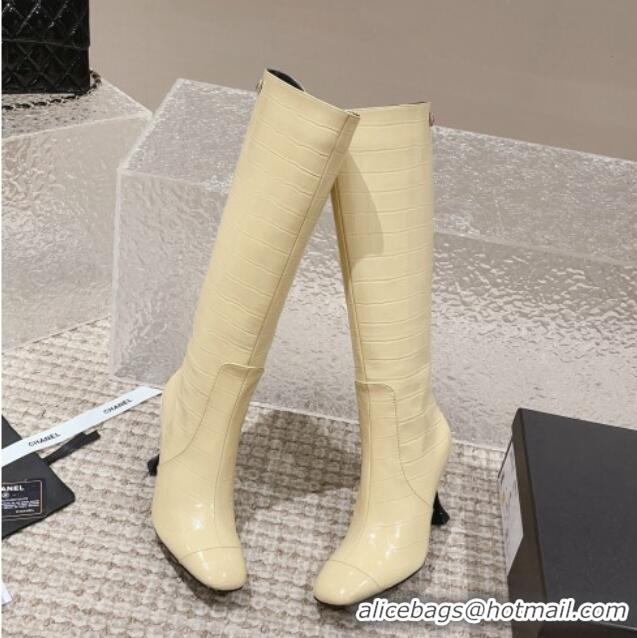 Best Price Chanel Heel High Boots 9cm in Crocodile Embossed Leather Light Yellow 925028