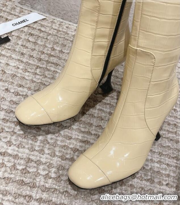 Best Price Chanel Heel High Boots 9cm in Crocodile Embossed Leather Light Yellow 925028