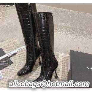 Good Quality Chanel Heel High Boots 9cm in Patent Crocodile Embossed Leather Black 925029