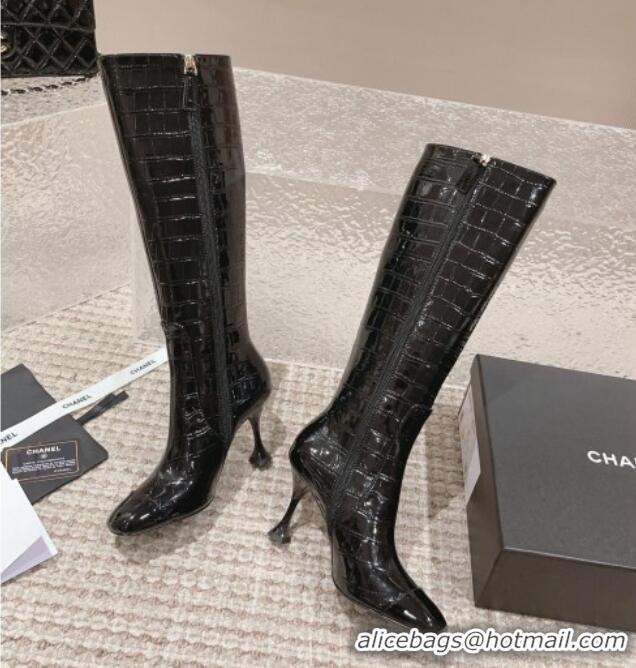 Good Quality Chanel Heel High Boots 9cm in Patent Crocodile Embossed Leather Black 925029