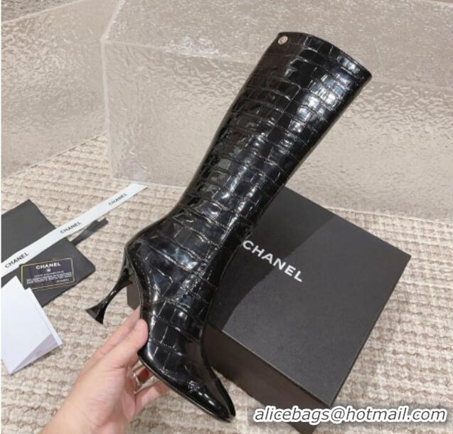 Good Quality Chanel Heel High Boots 9cm in Patent Crocodile Embossed Leather Black 925029