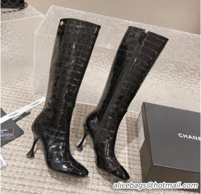 Good Quality Chanel Heel High Boots 9cm in Patent Crocodile Embossed Leather Black 925029