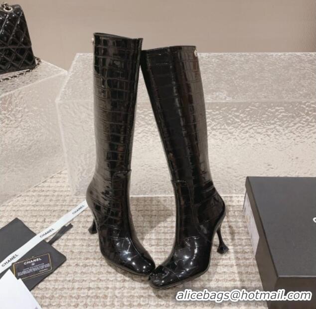 Good Quality Chanel Heel High Boots 9cm in Patent Crocodile Embossed Leather Black 925029