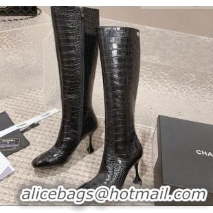 Trendy Design Chanel Heel High Boots 9cm in Crocodile Embossed Leather Black 925030