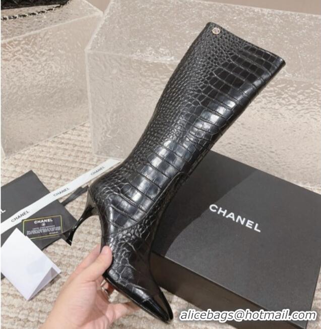 Trendy Design Chanel Heel High Boots 9cm in Crocodile Embossed Leather Black 925030