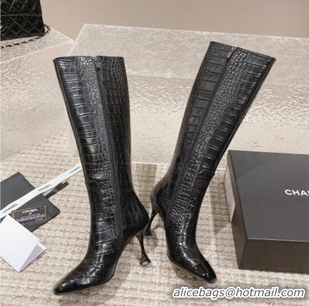 Trendy Design Chanel Heel High Boots 9cm in Crocodile Embossed Leather Black 925030