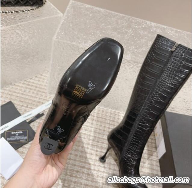 Trendy Design Chanel Heel High Boots 9cm in Crocodile Embossed Leather Black 925030