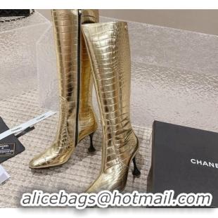 Buy Luxury Chanel Heel High Boots 9cm in Crocodile Embossed Leather Gold 925031