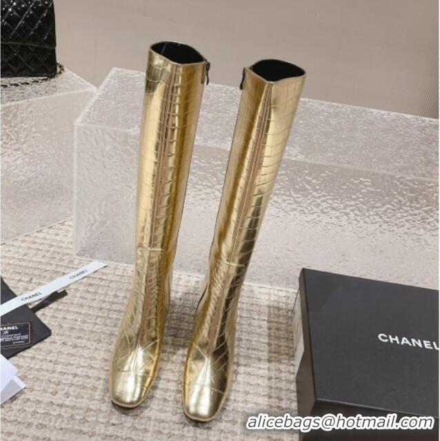 Buy Luxury Chanel Heel High Boots 9cm in Crocodile Embossed Leather Gold 925031