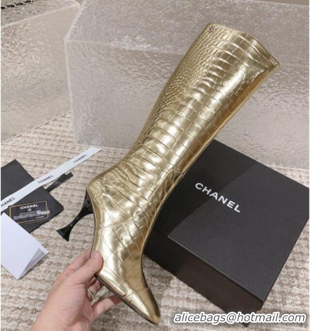 Buy Luxury Chanel Heel High Boots 9cm in Crocodile Embossed Leather Gold 925031