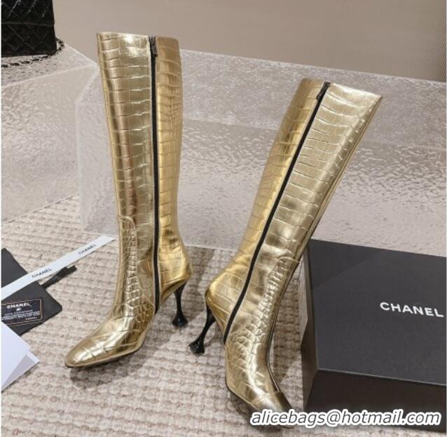 Buy Luxury Chanel Heel High Boots 9cm in Crocodile Embossed Leather Gold 925031