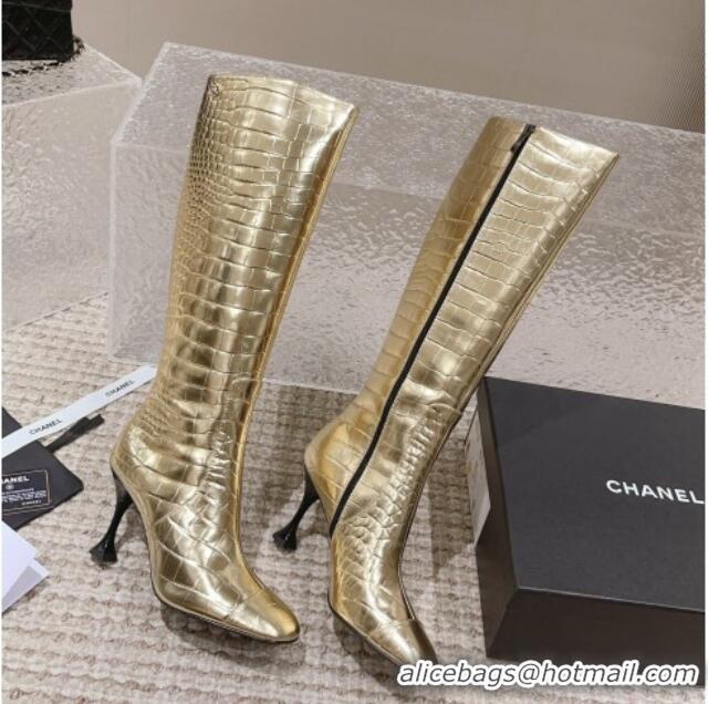 Buy Luxury Chanel Heel High Boots 9cm in Crocodile Embossed Leather Gold 925031