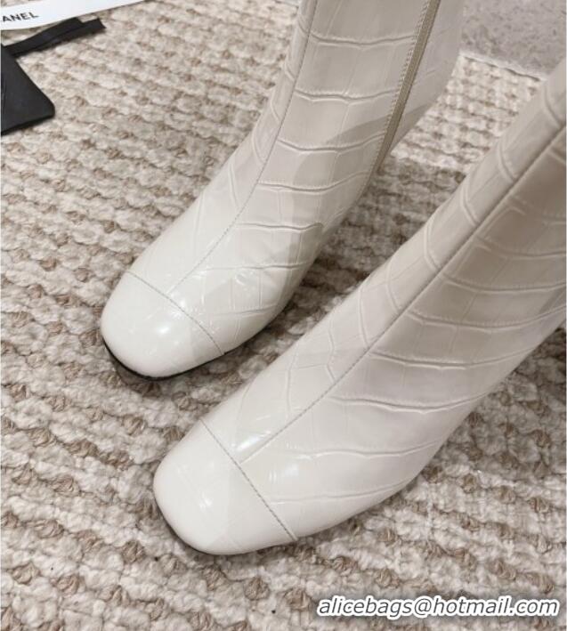 Purchase Chanel Heel Ankle Boots 9cm in Crocodile Embossed Leather White 925027