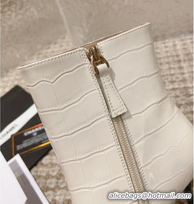 Purchase Chanel Heel Ankle Boots 9cm in Crocodile Embossed Leather White 925027