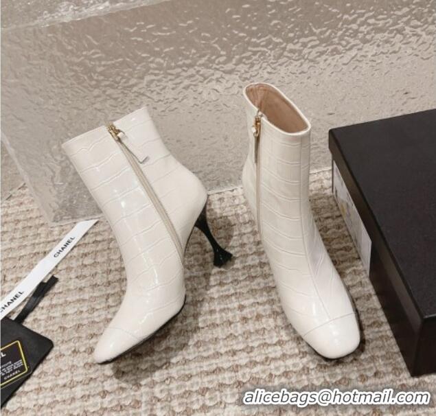 Purchase Chanel Heel Ankle Boots 9cm in Crocodile Embossed Leather White 925027