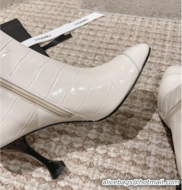 Purchase Chanel Heel Ankle Boots 9cm in Crocodile Embossed Leather White 925027