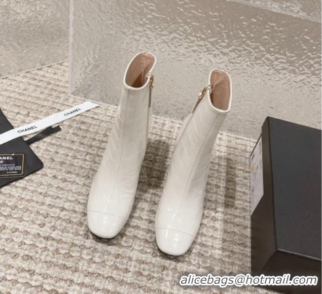 Purchase Chanel Heel Ankle Boots 9cm in Crocodile Embossed Leather White 925027