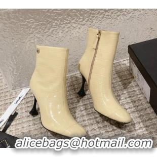 Big Discount Chanel Heel Ankle Boots 9cm in Crocodile Embossed Leather Light Yellow 925032