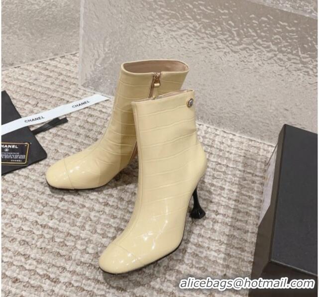 Big Discount Chanel Heel Ankle Boots 9cm in Crocodile Embossed Leather Light Yellow 925032