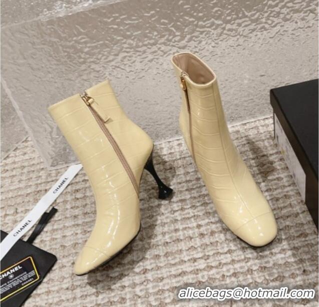 Big Discount Chanel Heel Ankle Boots 9cm in Crocodile Embossed Leather Light Yellow 925032