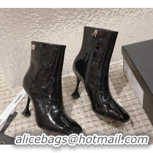 Good Quality Chanel Heel Ankle Boots 9cm in Patent Crocodile Embossed Leather Black 925033