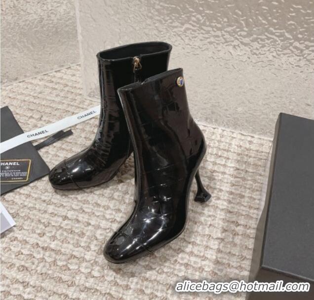 Good Quality Chanel Heel Ankle Boots 9cm in Patent Crocodile Embossed Leather Black 925033