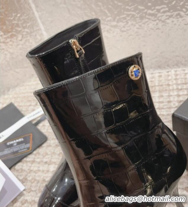 Good Quality Chanel Heel Ankle Boots 9cm in Patent Crocodile Embossed Leather Black 925033