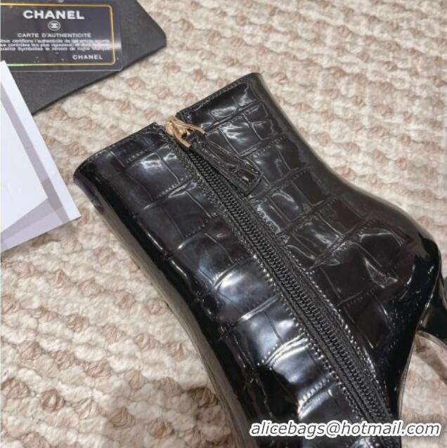 Good Quality Chanel Heel Ankle Boots 9cm in Patent Crocodile Embossed Leather Black 925033