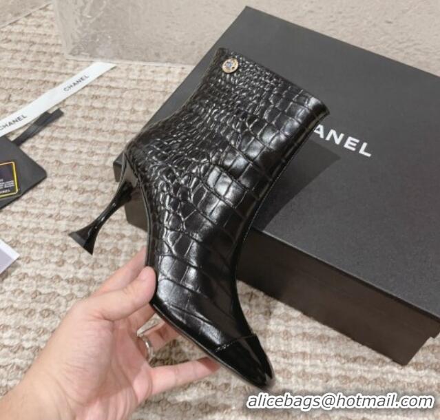 Most Popular Chanel Heel Ankle Boots 9cm in Crocodile Embossed Leather Black 925034