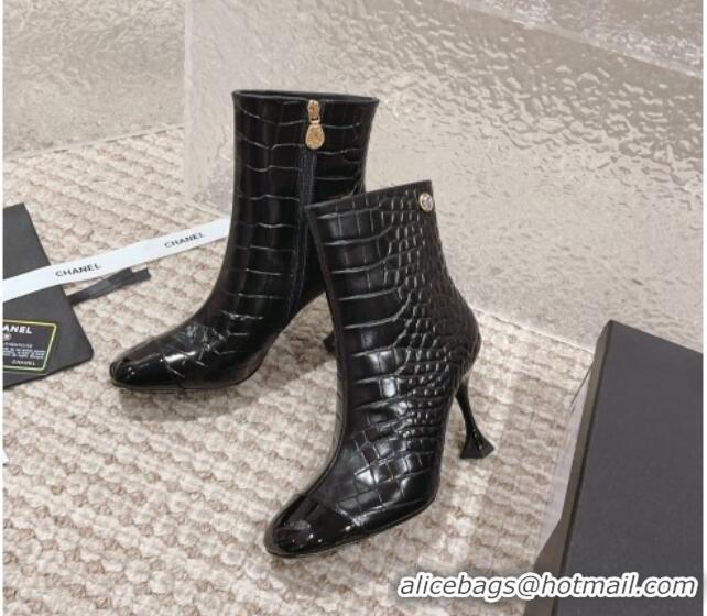 Most Popular Chanel Heel Ankle Boots 9cm in Crocodile Embossed Leather Black 925034