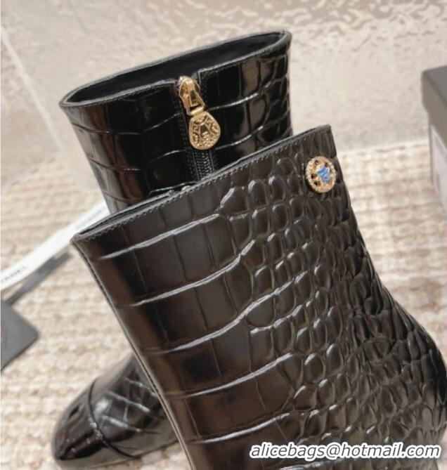 Most Popular Chanel Heel Ankle Boots 9cm in Crocodile Embossed Leather Black 925034