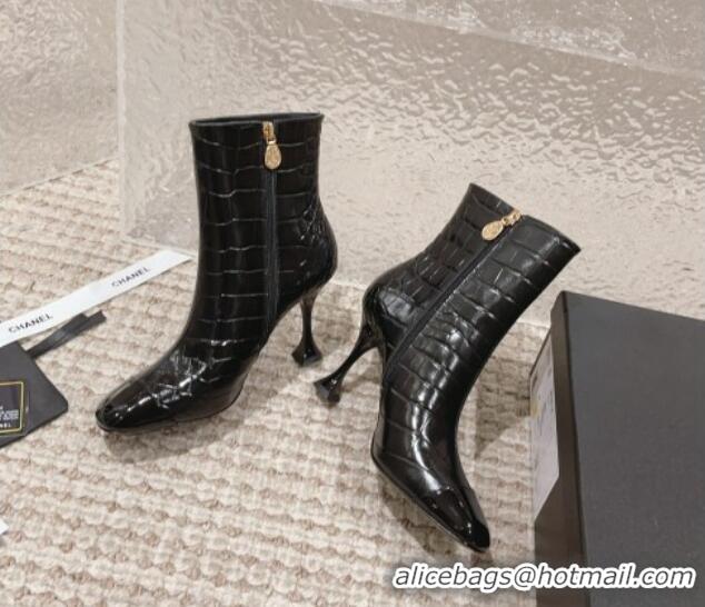 Most Popular Chanel Heel Ankle Boots 9cm in Crocodile Embossed Leather Black 925034