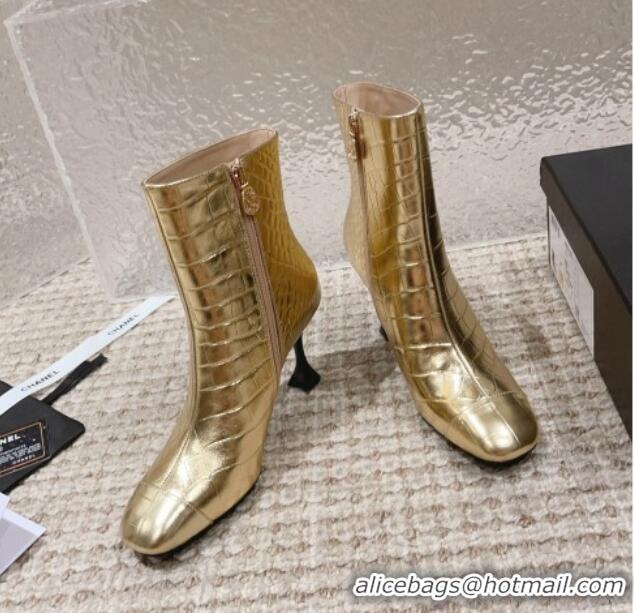 Perfect Chanel Heel Ankle Boots 9cm in Crocodile Embossed Leather Gold 925035