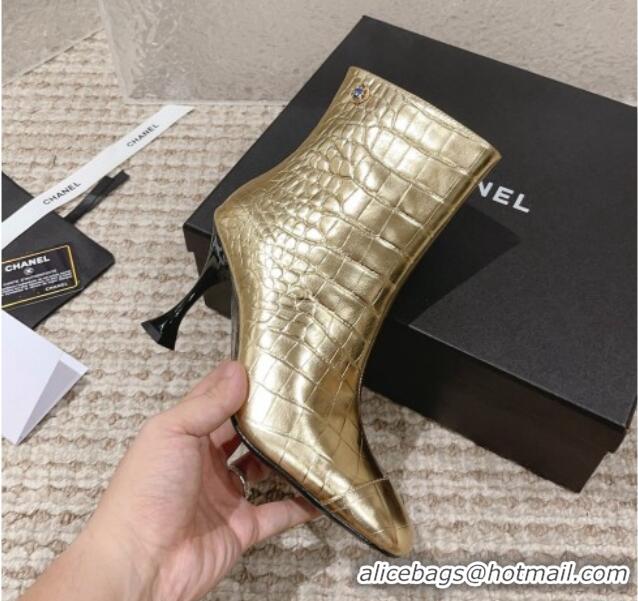 Perfect Chanel Heel Ankle Boots 9cm in Crocodile Embossed Leather Gold 925035