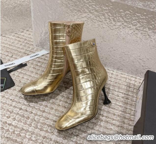 Perfect Chanel Heel Ankle Boots 9cm in Crocodile Embossed Leather Gold 925035