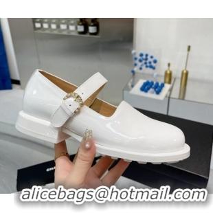 Charming Chanel Patent Calfskin Mary Janes Shoes White 925037