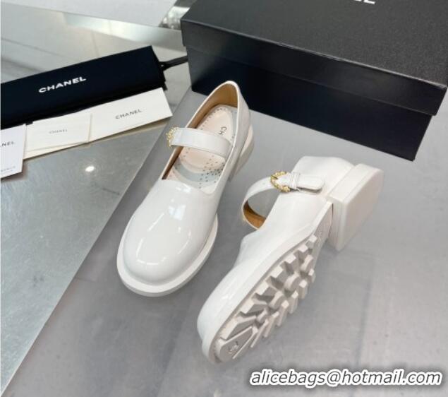 Charming Chanel Patent Calfskin Mary Janes Shoes White 925037