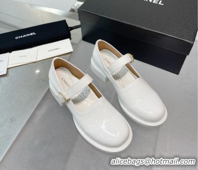 Charming Chanel Patent Calfskin Mary Janes Shoes White 925037