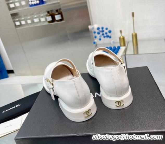 Charming Chanel Patent Calfskin Mary Janes Shoes White 925037