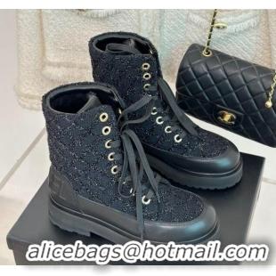 Grade Quality Chanel Tweed Lace-up Ankle Boots Black 926128