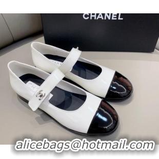 Low Price Chanel Patent Calfskin Mary Janes Flat Shoes White 1011001