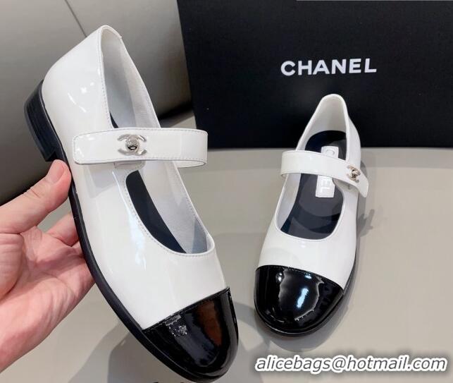 Low Price Chanel Patent Calfskin Mary Janes Flat Shoes White 1011001