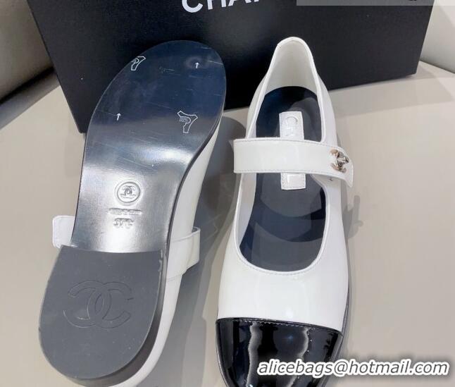 Low Price Chanel Patent Calfskin Mary Janes Flat Shoes White 1011001