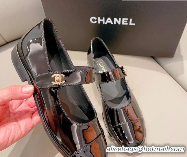 Perfect Chanel Patent Calfskin Mary Janes Flat Shoes Black 1011002