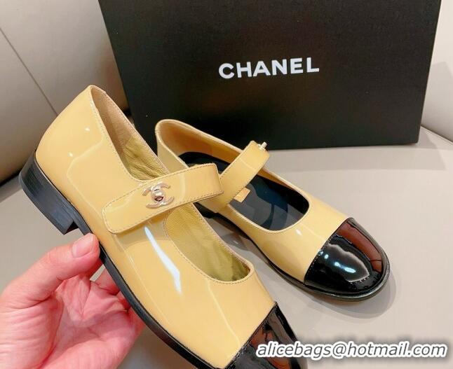 Hot Style Chanel Patent Calfskin Mary Janes Flat Shoes Beige 1011003