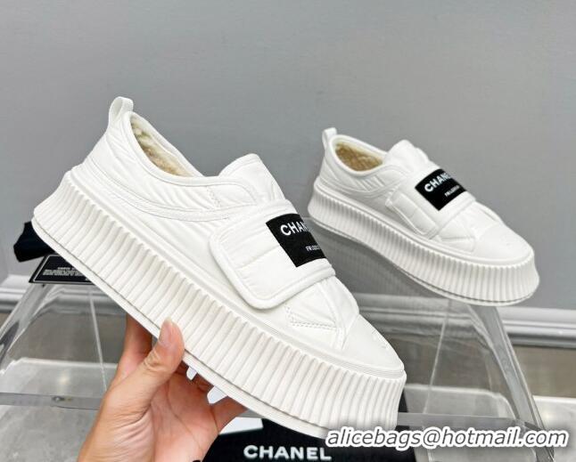 Good Looking Chanel Fabric Platform Loafers White 011010