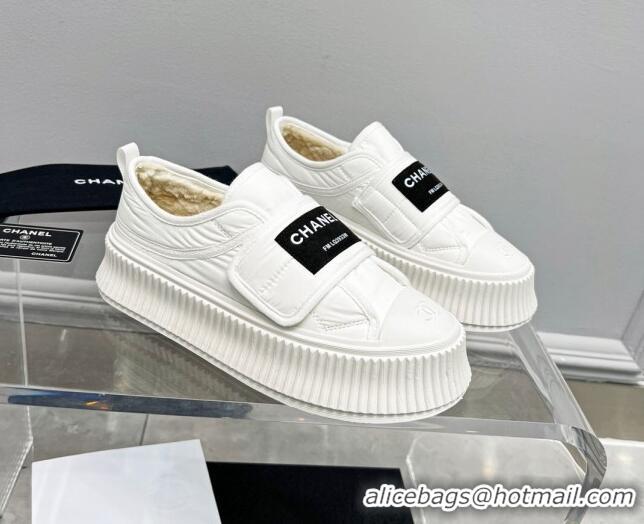 Good Looking Chanel Fabric Platform Loafers White 011010