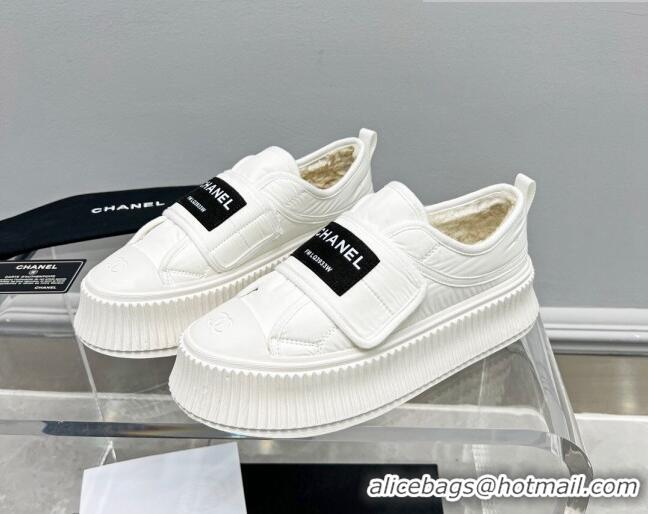 Good Looking Chanel Fabric Platform Loafers White 011010