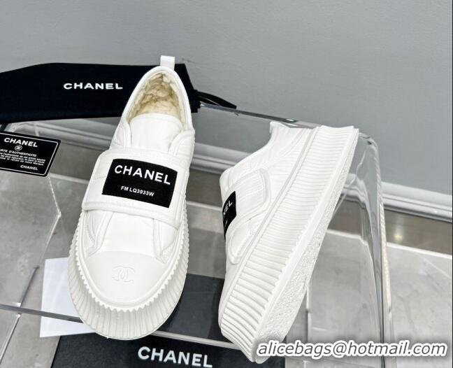 Good Looking Chanel Fabric Platform Loafers White 011010